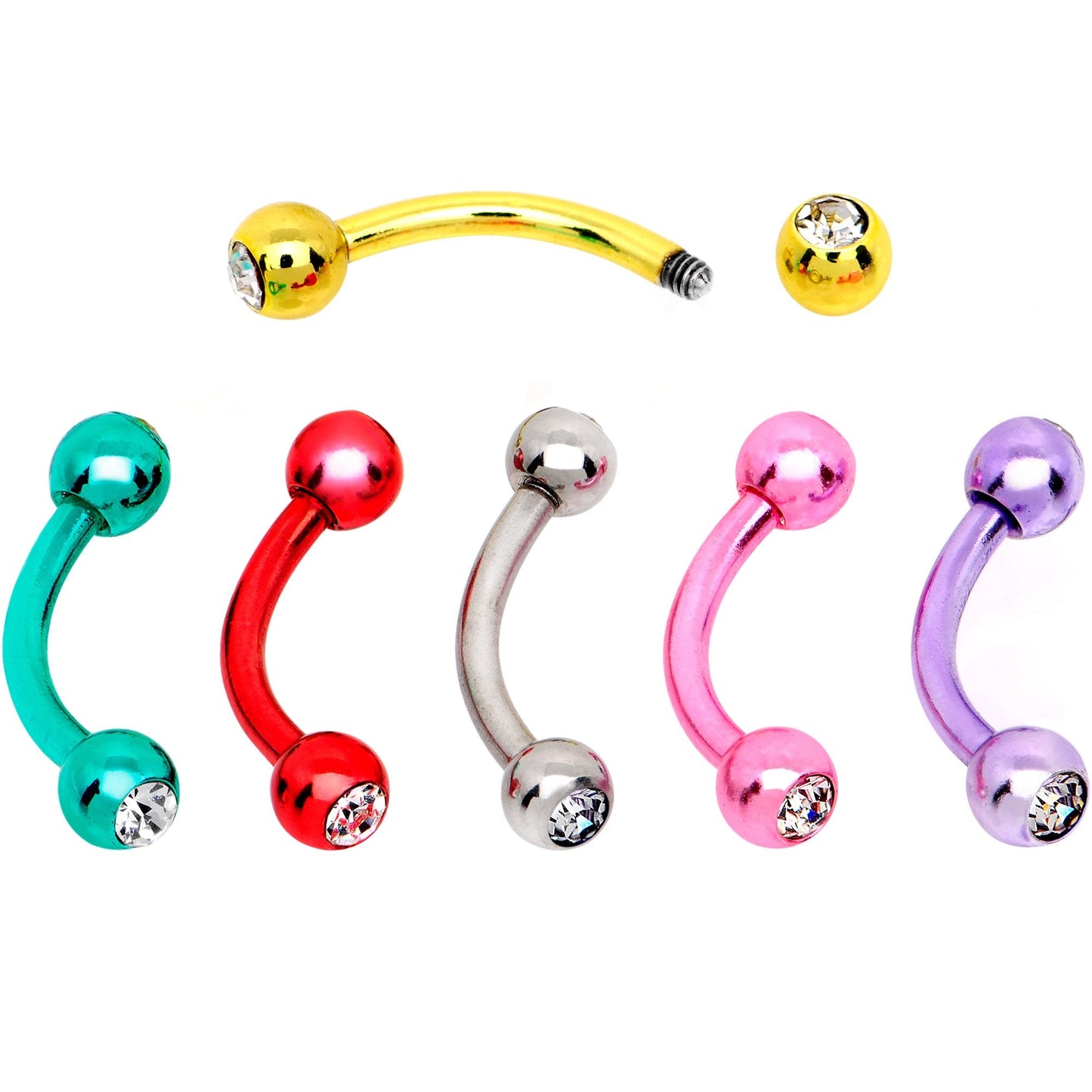 16G CZ Color Plated Internally Threaded Curved Eyebrow Ring 6 Pack Set