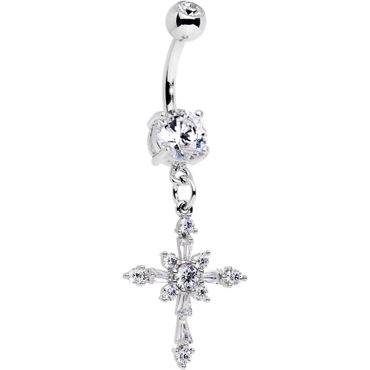 Clear Gem Glimmer Cross Dangle Belly Ring