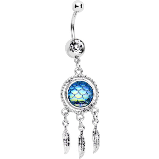 Clear Gem Aqua Mermaid Scale Feather Dreamcatcher Dangle Belly Ring