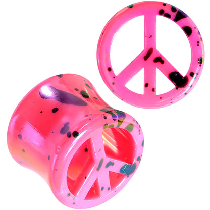 Black Speckled Pink Acrylic Peace Sign Saddle Plug Set 10mm to 20mm