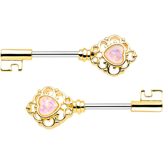 1/2 White Faux Opal Gold Tone Heart Key Barbell Nipple Ring Set