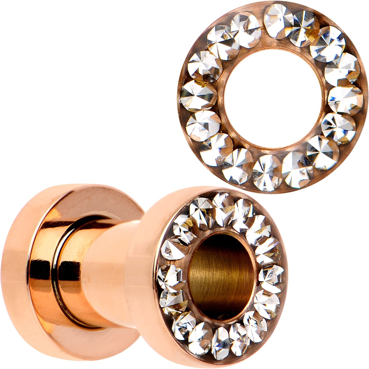Clear CZ Gem Rose Gold PVD Bling Screw Fit Tunnel Plug Set 3mm to 16mm