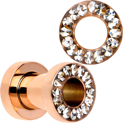 Clear CZ Gem Rose Gold PVD Bling Screw Fit Tunnel Plug Set 3mm to 16mm