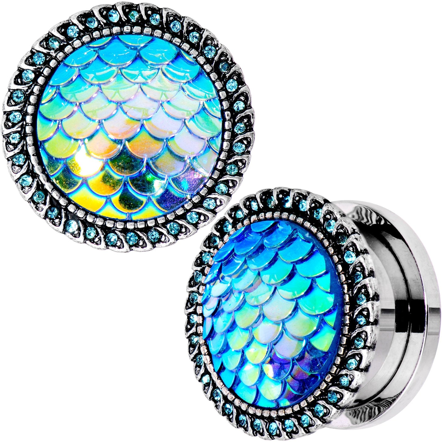 Aqua Gem Iridescent Blue Mermaid Scale Screw Fit Plug Set 6mm to 22mm
