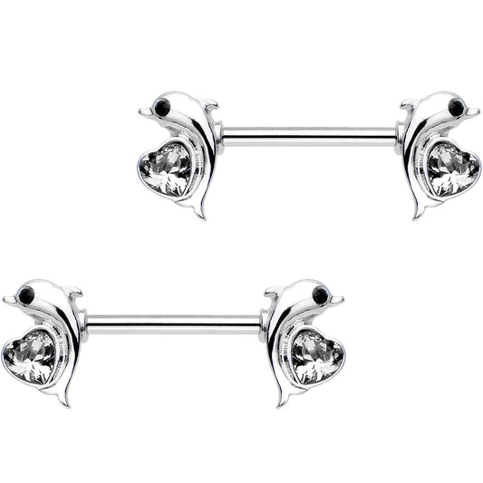 9/16 Clear Gem I Heart Dolphins Barbell Nipple Ring Set