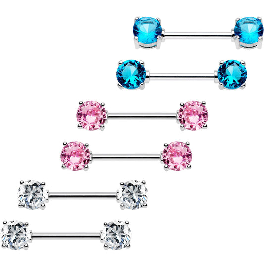 14G 9/16 Multi Color Gem Fun Barbell Nipple Ring Pack Set of 6