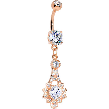 Clear CZ Gem Rose Gold Plated Elegant Embellishment Dangle Belly Ring