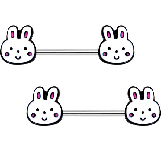 14G 5/8 White Bunny Rabbit Heads Barbell Nipple Ring Set