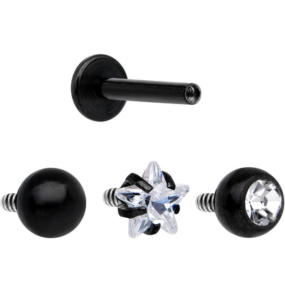 Clear CZ Gem Black PVD Internally Threaded Labret Set of 3 Ends