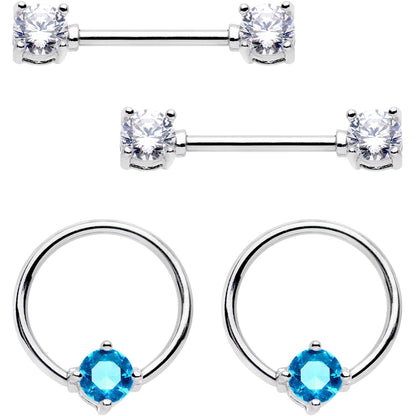 14G 5/8 Clear Aqua Gem Captive Ring Barbell Nipple Ring Set