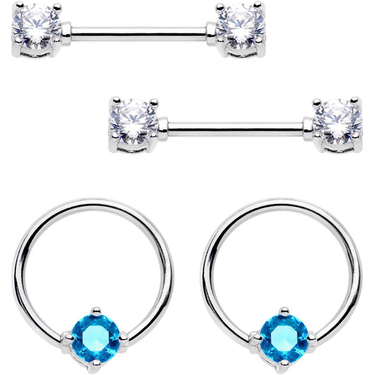 14G 5/8 Clear Aqua Gem Captive Ring Barbell Nipple Ring Set