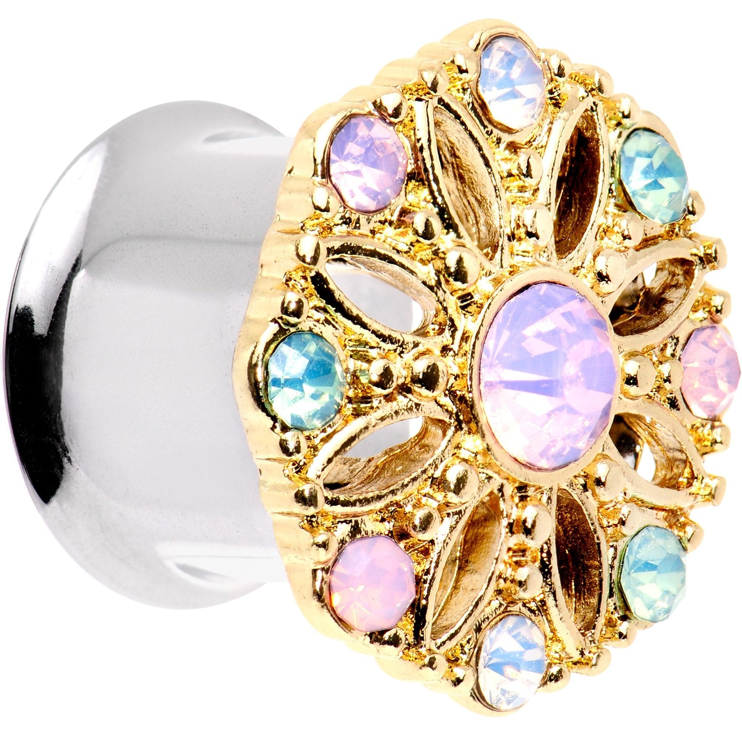 1/2 Pink Green White Gem Glam Flower Double Flare Tunnel Plug Set