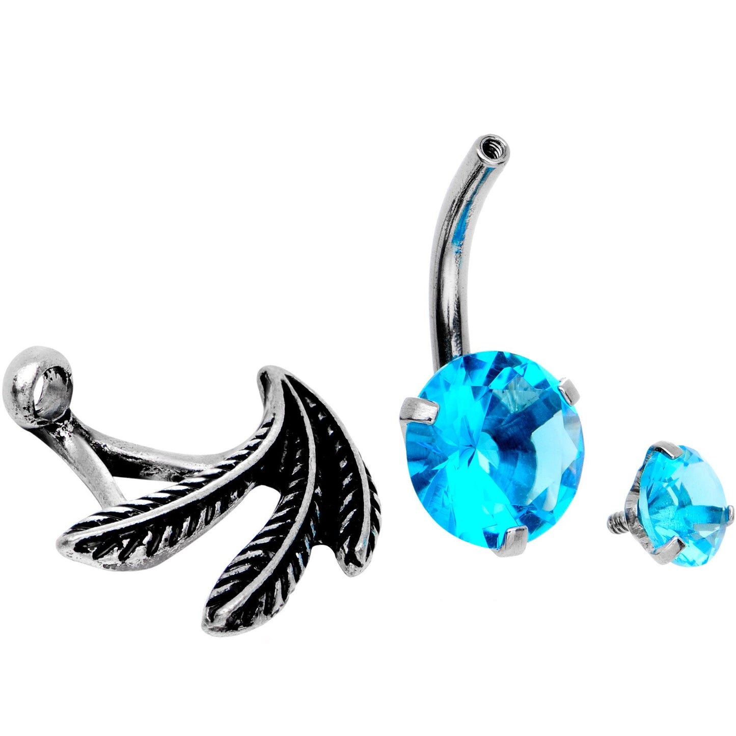Blue CZ Gem Feather Trio Dangle Belly Ring