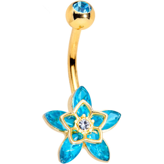 Clear Aqua Gem Gold Tone Anodized Flowerburst Star Belly Ring