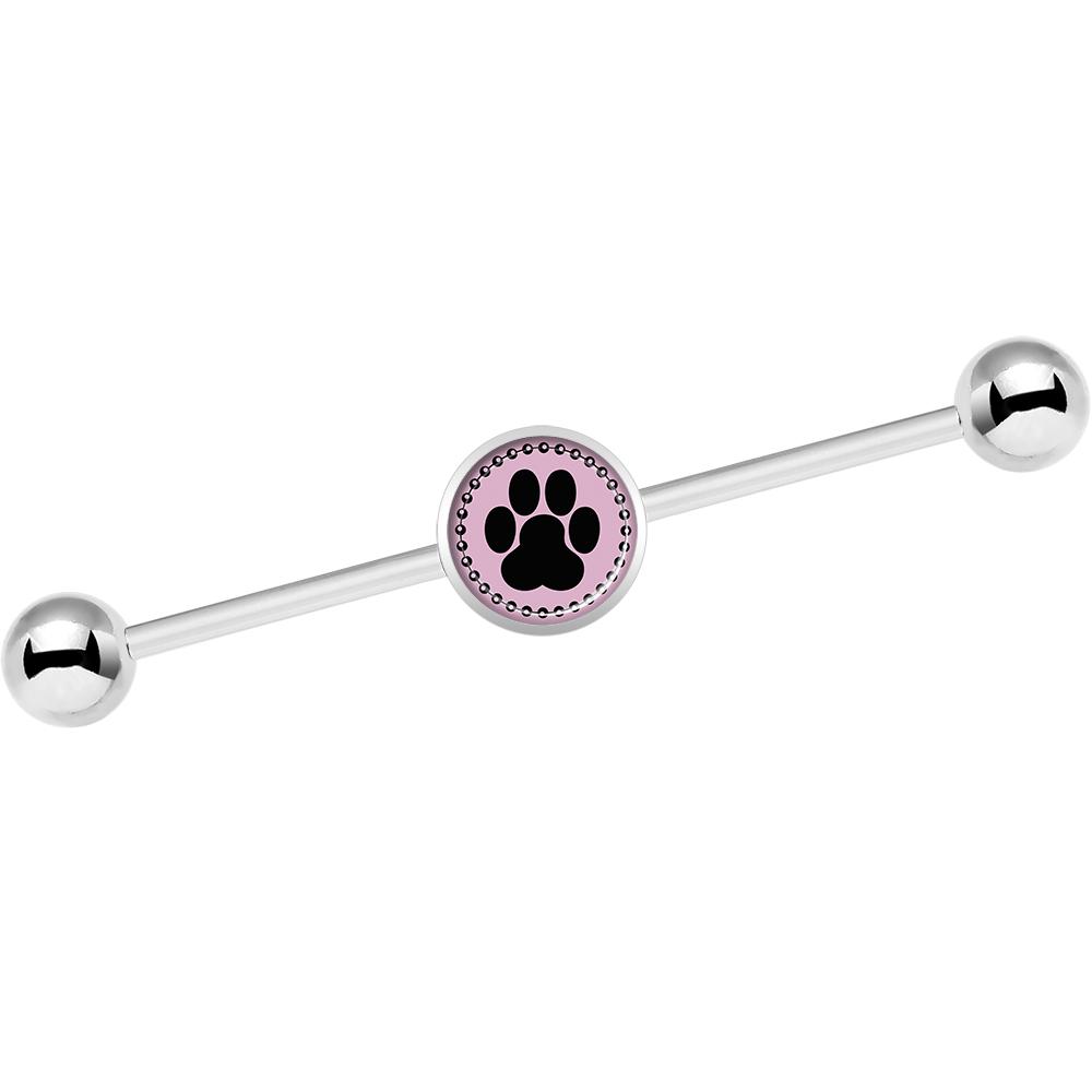 14G Black on Pink Paw Print Industrial Barbell 37mm