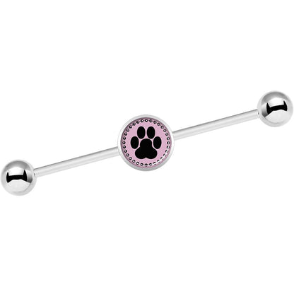 14G Black on Pink Paw Print Industrial Barbell 37mm