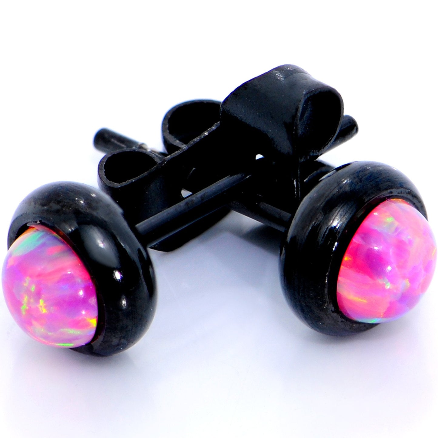 Pink Synthetic Opal Black IP 316L Surgical Steel Stud Earrings