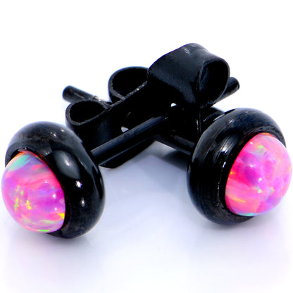 Pink Synthetic Opal Black IP 316L Surgical Steel Stud Earrings