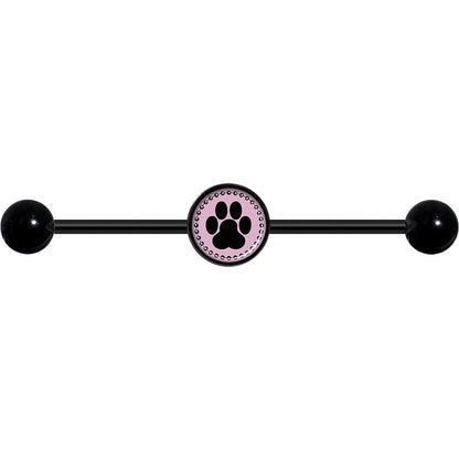 14G Black on Pink Paw Print Black Industrial Barbell 37mm