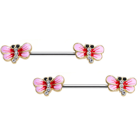 14G 5/8 Clear Gem Pretty Pink Dragonfly Barbell Nipple Ring Set