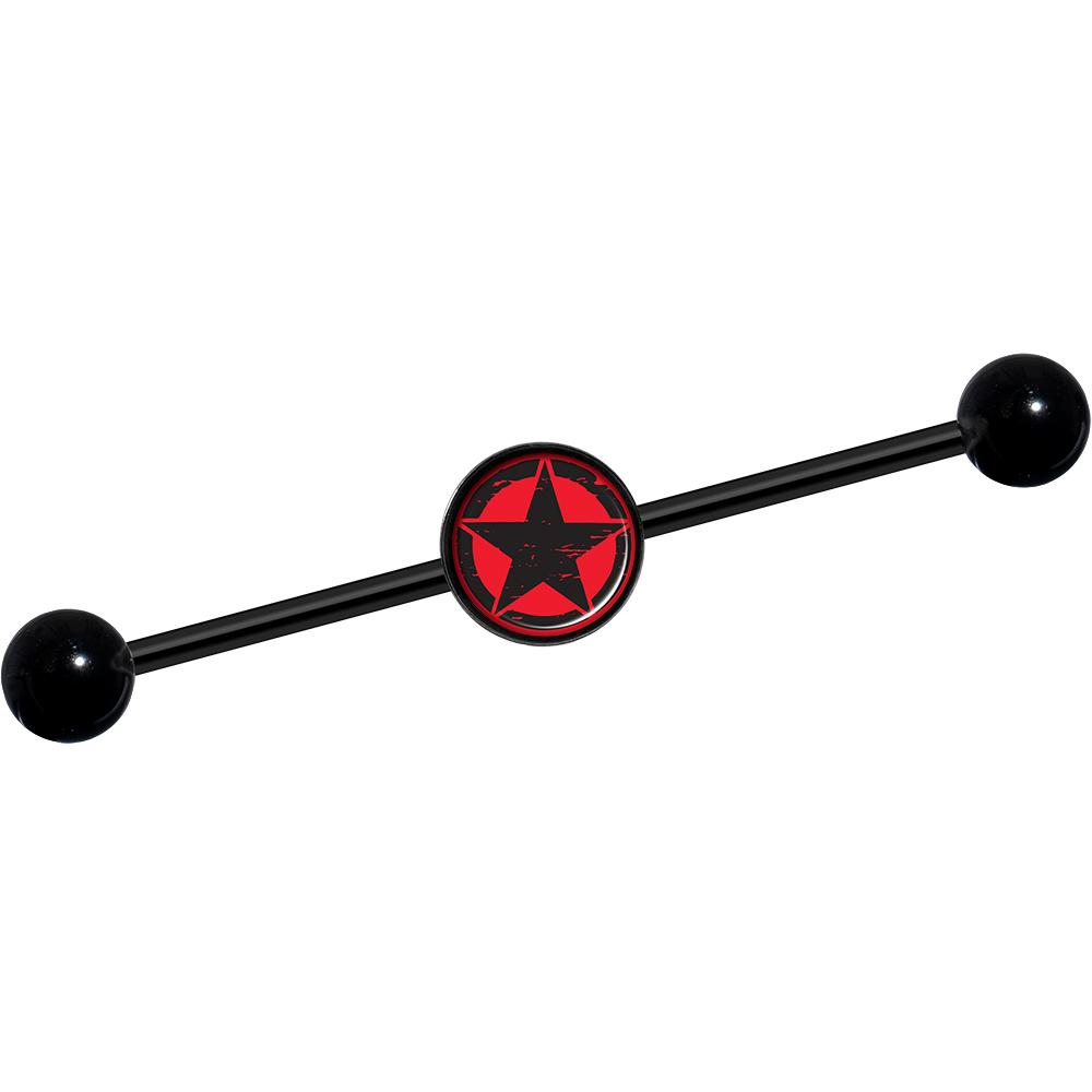 14G Black Red Distressed Star Black Industrial Barbell 37mm