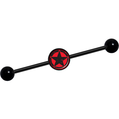 14G Black Red Distressed Star Black Industrial Barbell 37mm