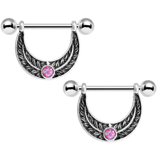 14G 5/8 Pink Faux Opal Fern Foliage Dangle Nipple Ring Set