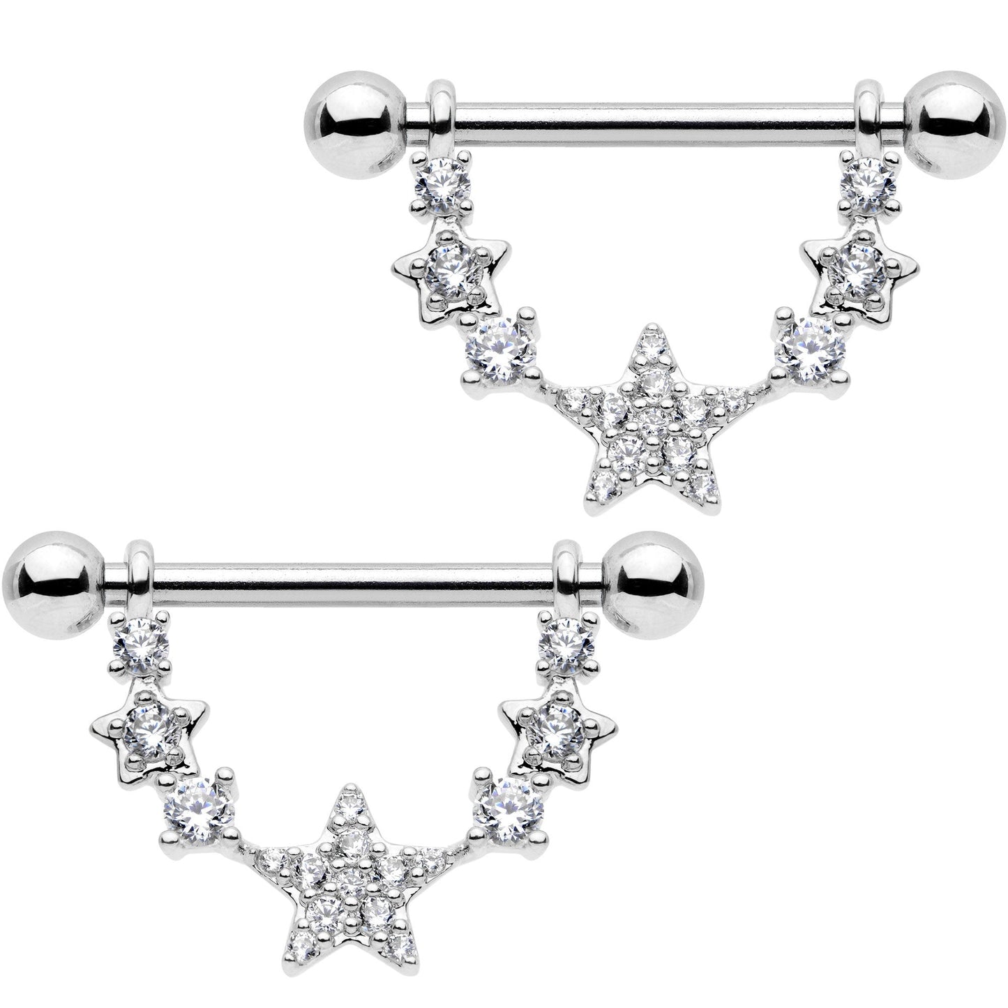 9/16 Clear CZ Gem Star Dangle Barbell Nipple Ring Set