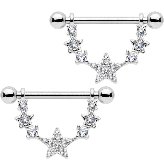 9/16 Clear CZ Gem Star Dangle Barbell Nipple Ring Set