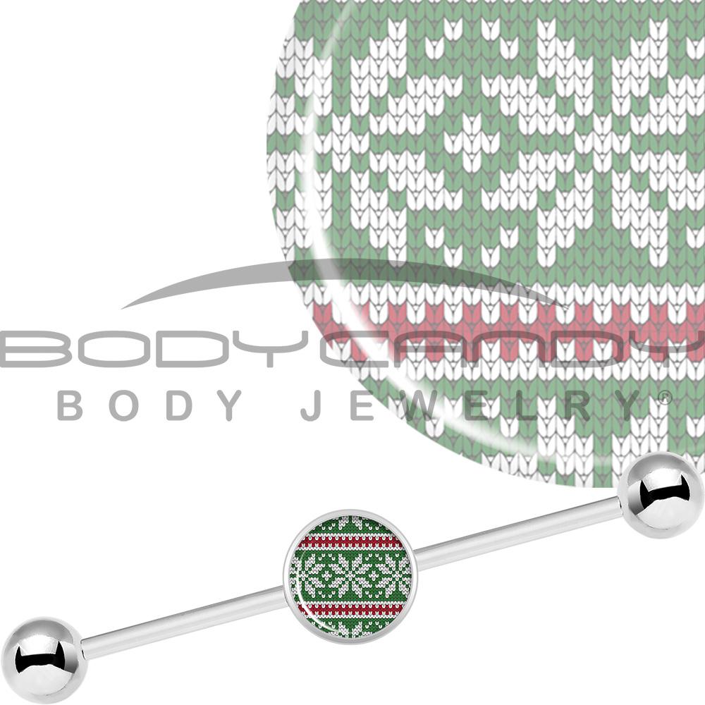 14G Green Red Christmas Sweater Industrial Barbell 37mm