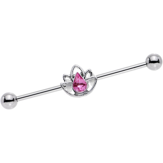 14G Pink Gem Lonely Lotus Flower Industrial Barbell 38mm