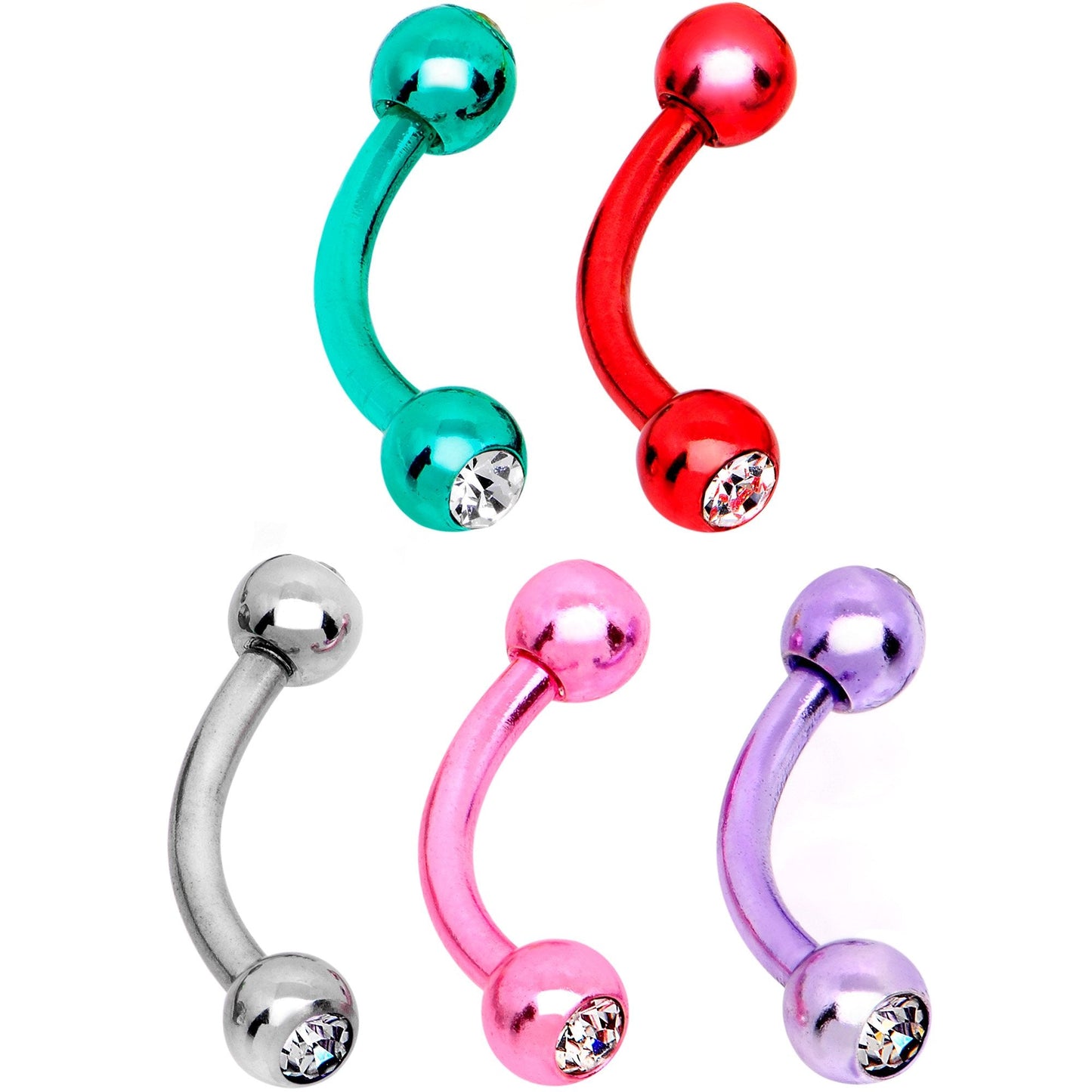 16G CZ Color Plated Internally Threaded Curved Eyebrow Ring 6 Pack Set