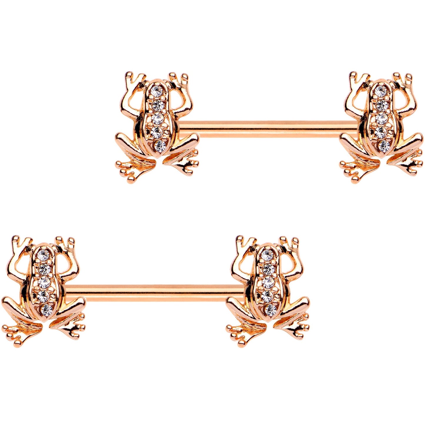 9/16 Clear Gem Rose Gold PVD Friendly Froggy Barbell Nipple Ring Set