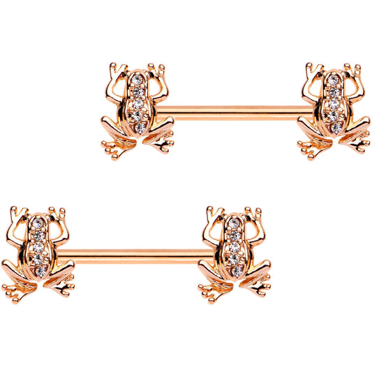 9/16 Clear Gem Rose Gold PVD Friendly Froggy Barbell Nipple Ring Set