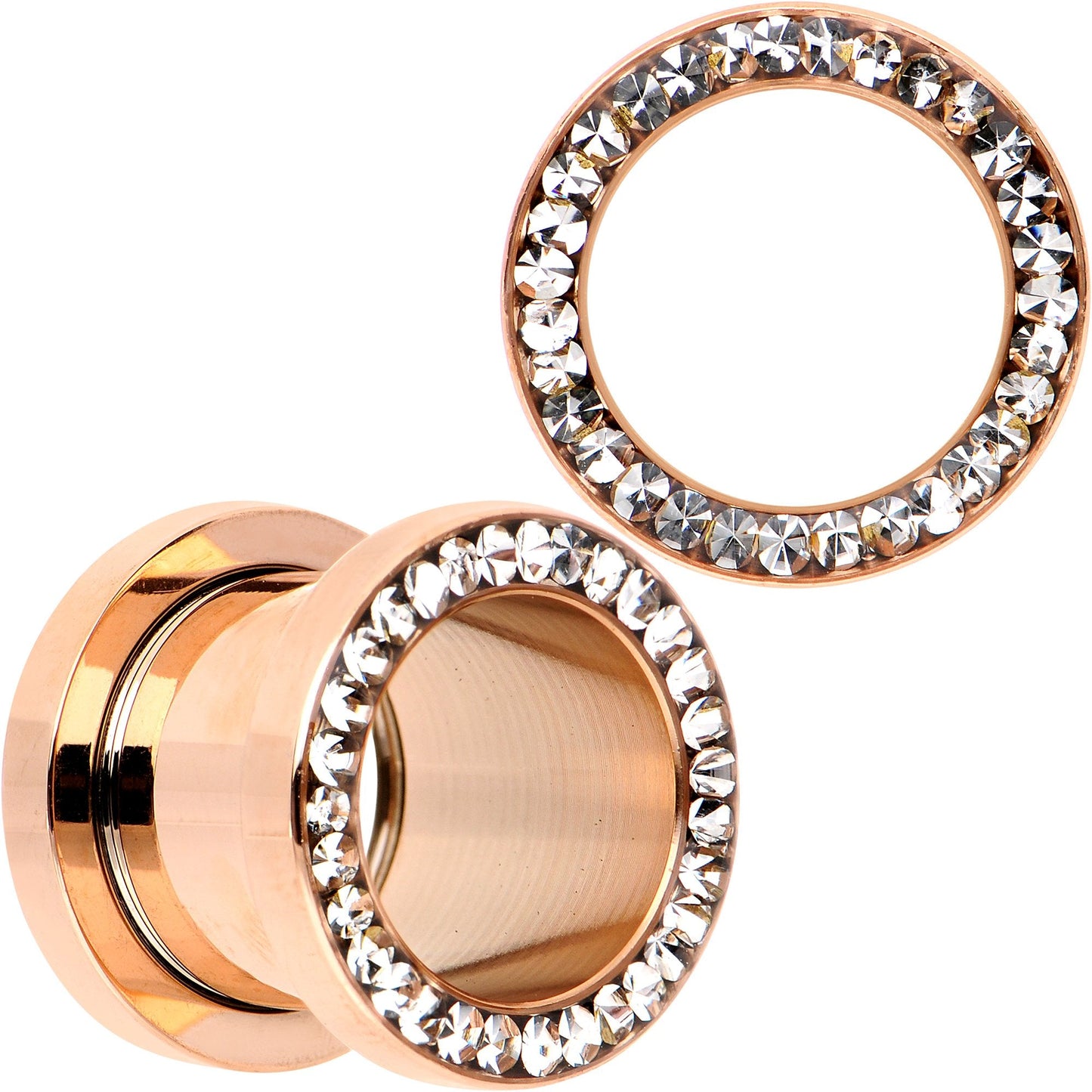 Clear CZ Gem Rose Gold PVD Bling Screw Fit Tunnel Plug Set 3mm to 16mm