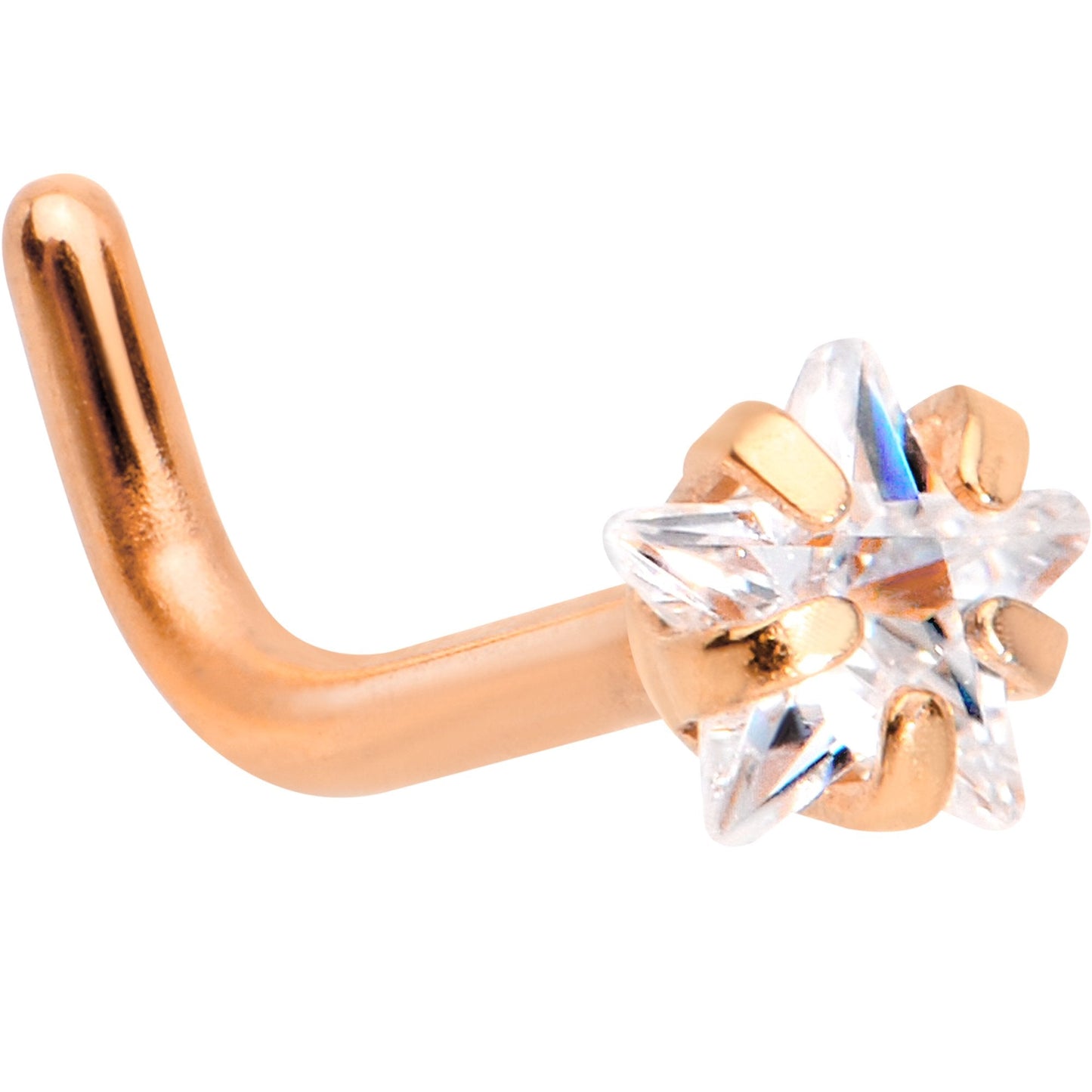 18G 1/4 Clear Star 3mm CZ Gem Rose Gold IP L-Shape Nose Ring