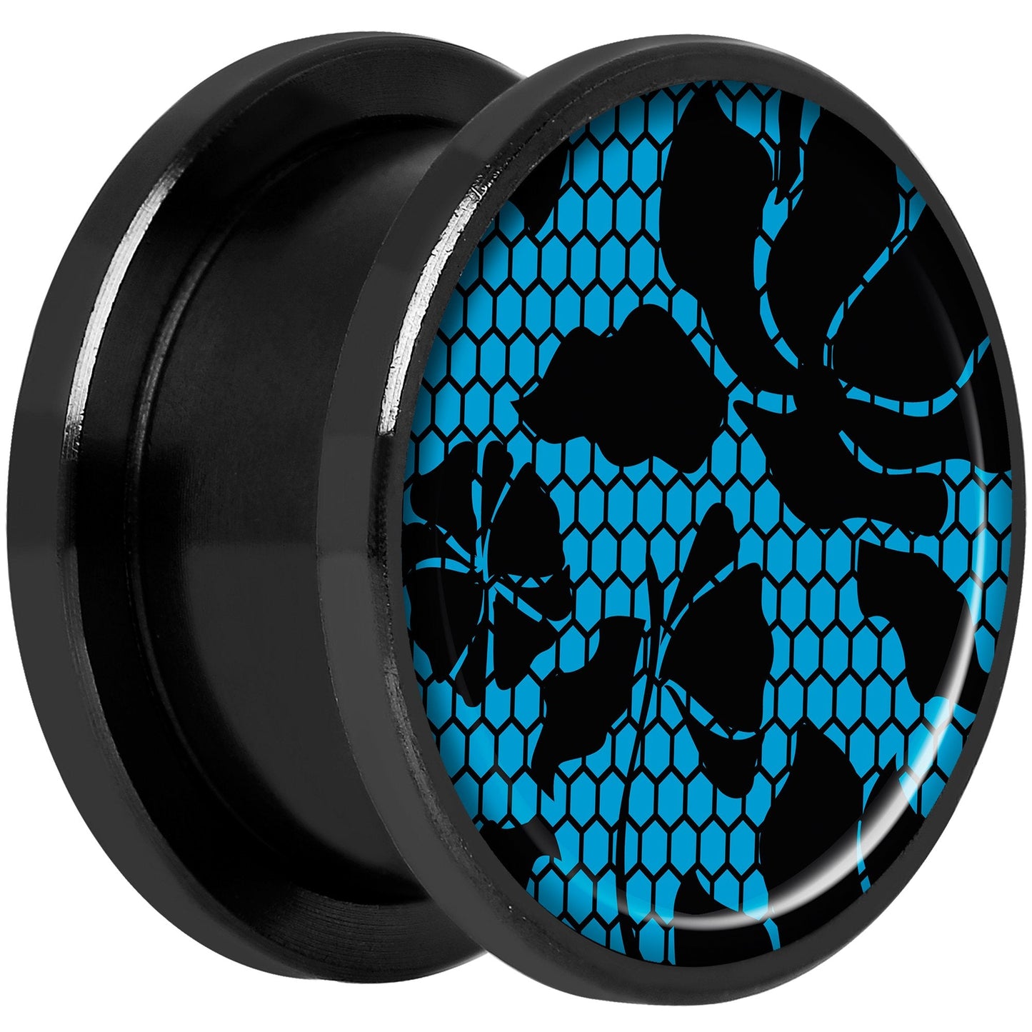 Blue Floral Lace Black Anodized Screw Fit Plug Set 5/8