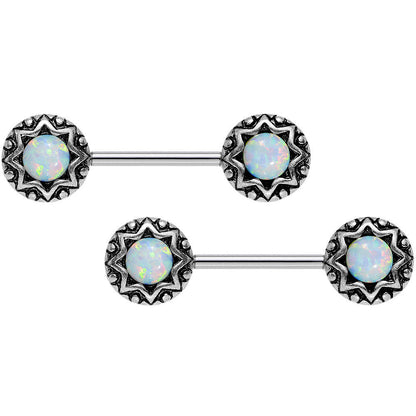 14G 5/8 White Synthetic Opal Lotus Flower Nipple Barbell Set