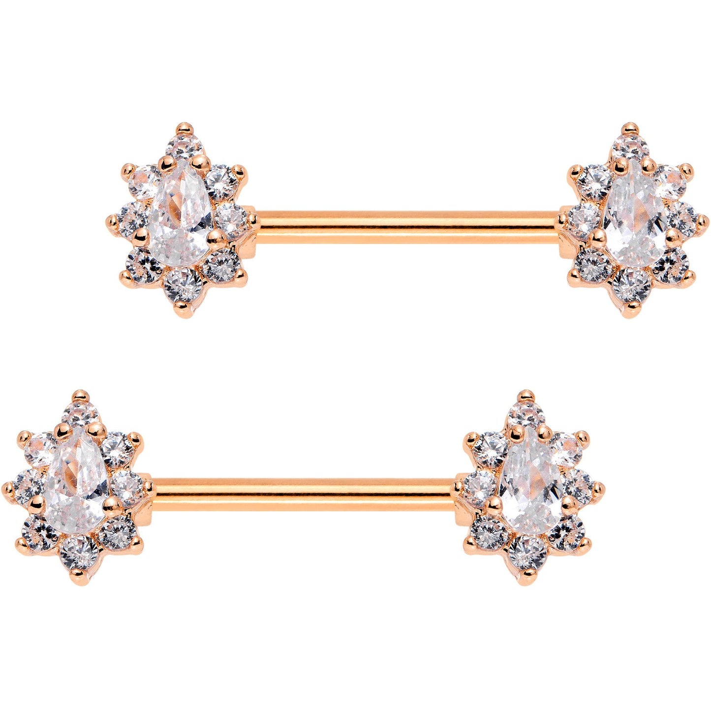 Clear CZ Gem Rose Gold Plated Teardrop Star Barbell Nipple Ring Set