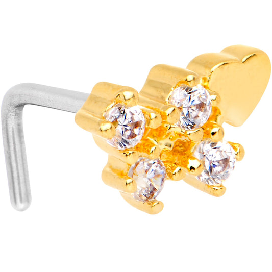 20G Clear CZ Gold Tone Heart Faux Hoop L Shaped Nose Ring