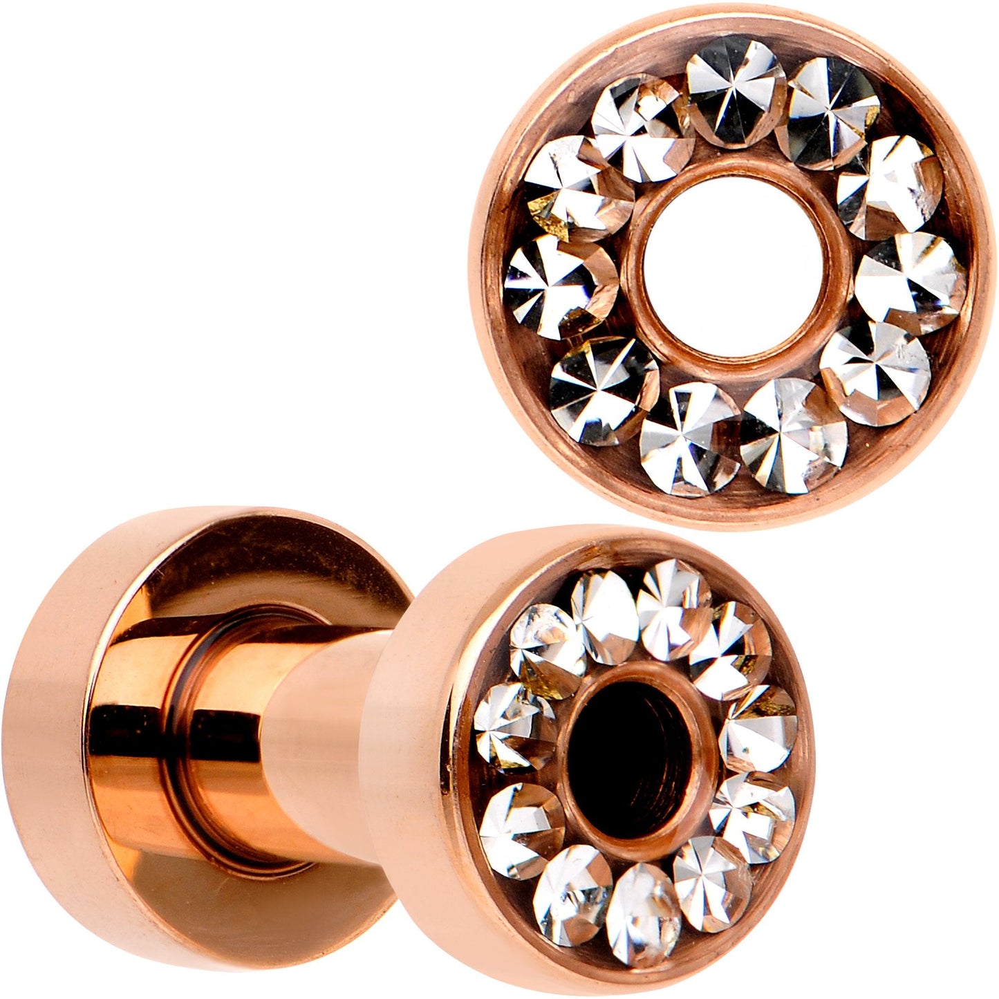 Clear CZ Gem Rose Gold PVD Bling Screw Fit Tunnel Plug Set 3mm to 16mm