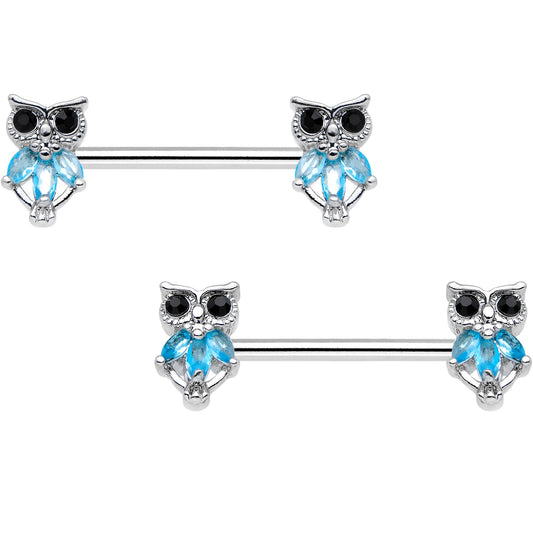 14G 9/16 Blue Gem Night Eye Owl Barbell Nipple Ring Set