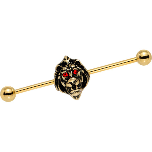 14G Red Gem Gold PVD Ferocious Lion Industrial Barbell 38mm