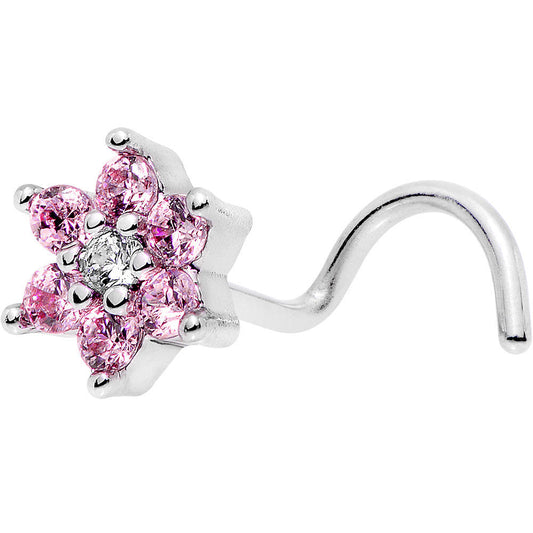 20G 1/4 Pink and Clear CZ Gem Flower Left Nose Screw