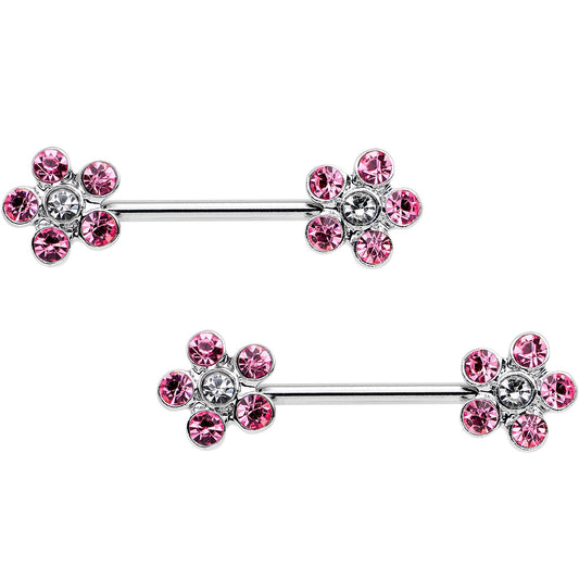 14G 5/8 Pink Clear CZ Gem Fancy Flower Barbell Nipple Ring Set