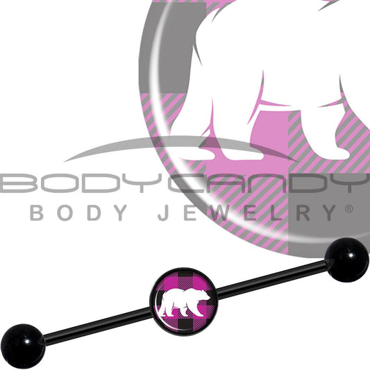 14G Pink Black Plaid Polar Bear Black Industrial Barbell 37mm