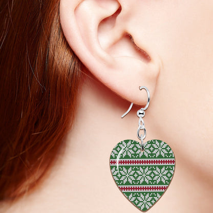 Green Red Christmas Sweater Heart Fishhook Dangle Earrings