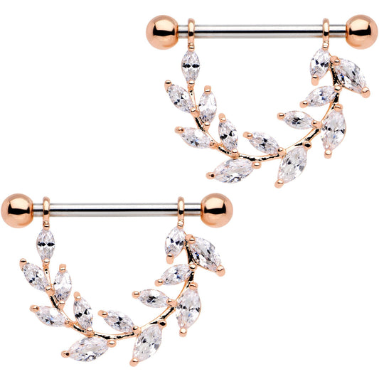 9/16 Clear CZ Gem Rose Gold Tone Ivy Leaf Dangle Nipple Ring Set