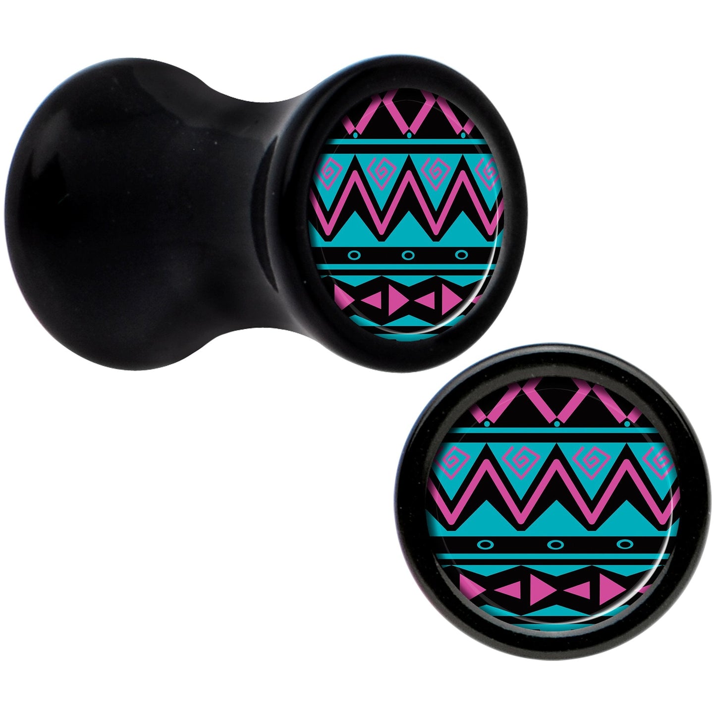 Black Acrylic Pink Teal Tribal Print Saddle Plug Set 4G