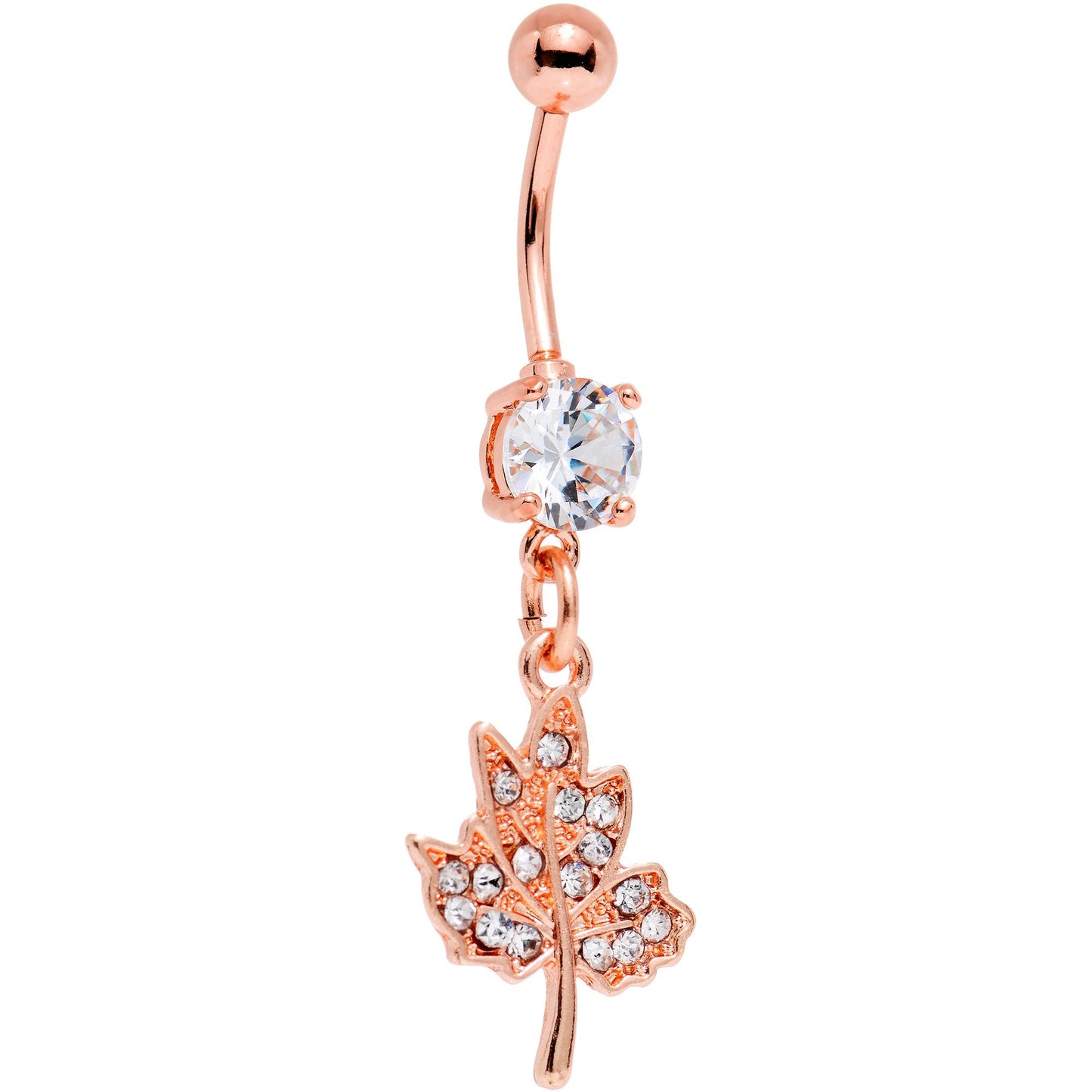 Clear Gem Rose Gold PVD Maple Leaf Dangle Belly Ring